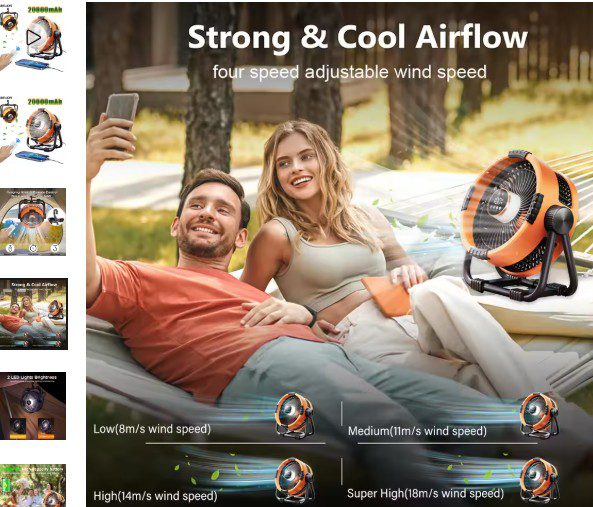 π¬οΈ Stay Cool Anywhere β 20000mAh Rechargeable Portable Camping Fan with Light & Hook